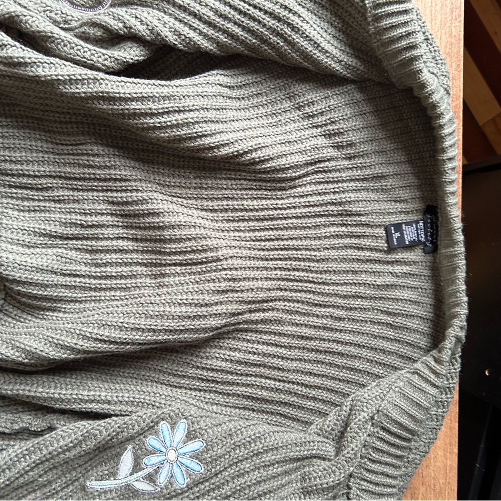 Hot Topic Olive Frog Sweater with Blue Floral Detail